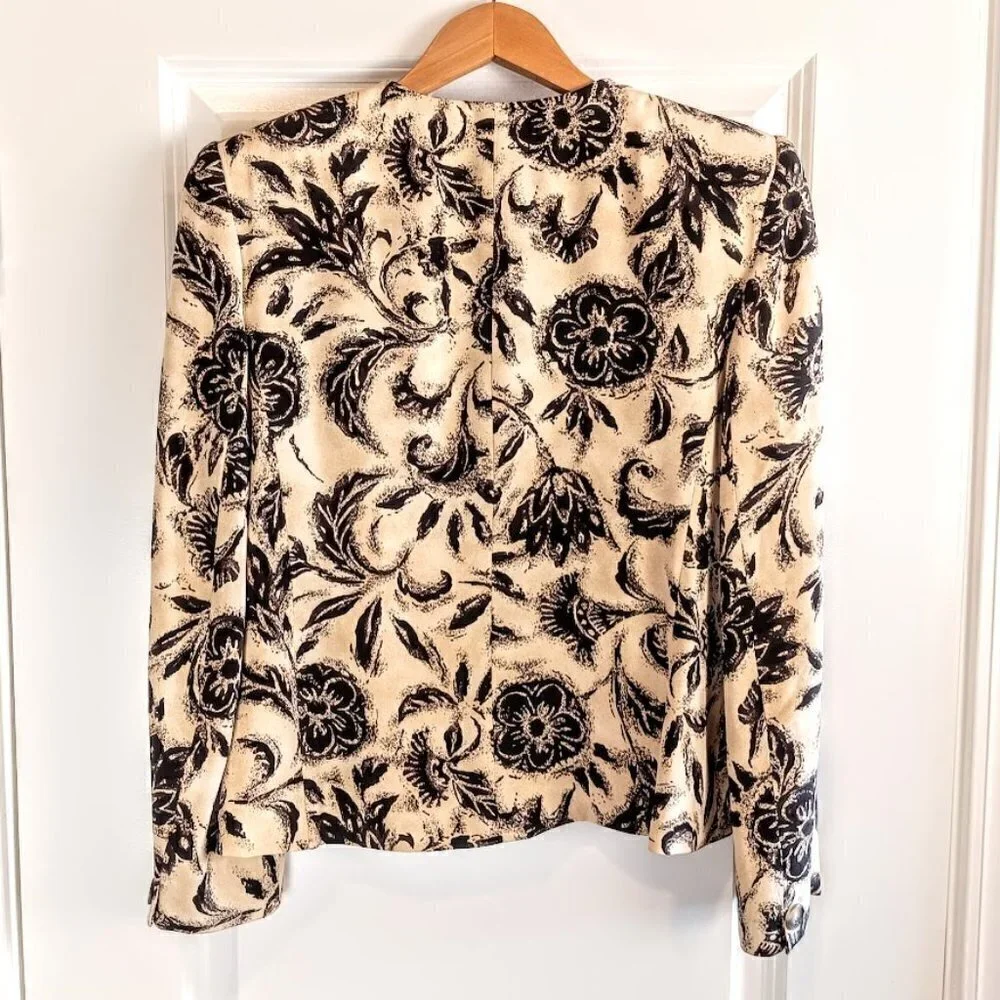 Vintage Jones New York Petite Black Beige Floral Silk Blazer